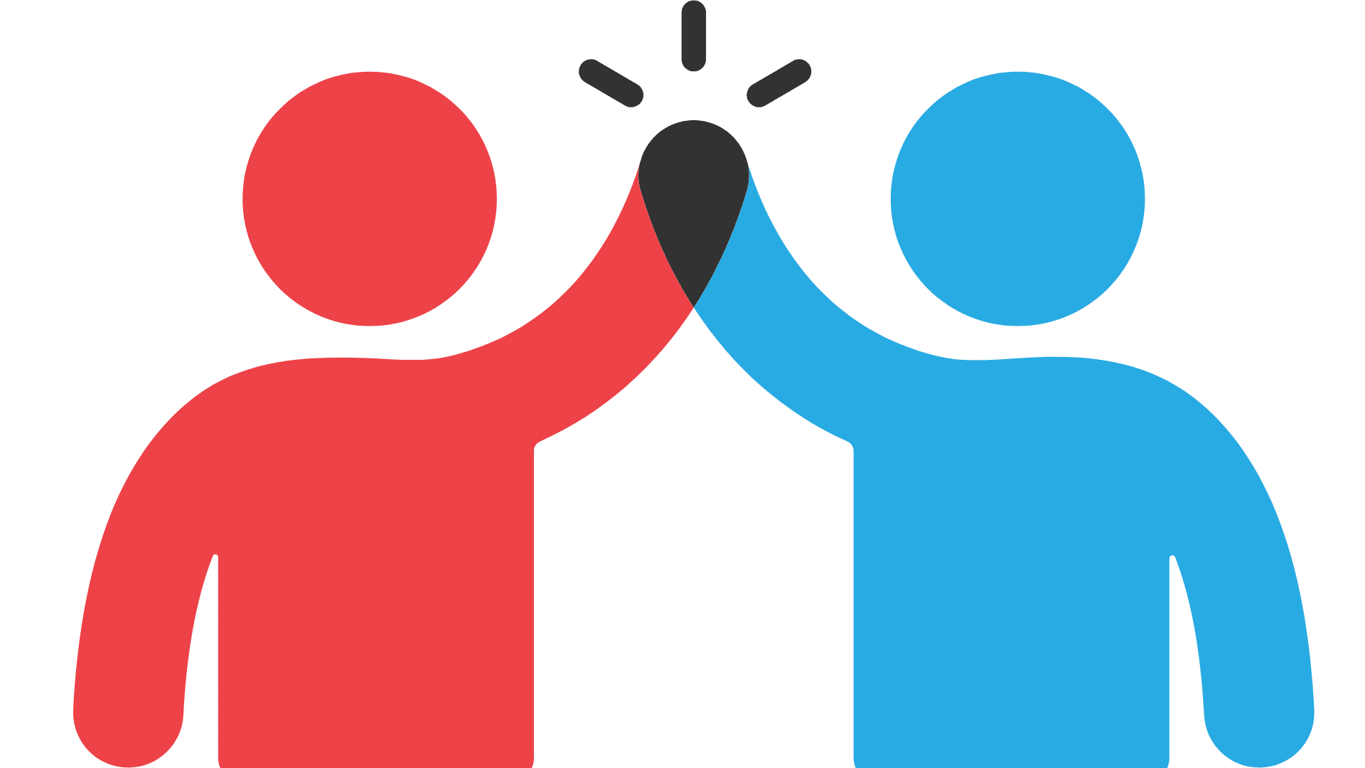 Two stylized figures, one red and one blue, high-fiving in front of a light bulb, symbolizing a shared idea or partnership.