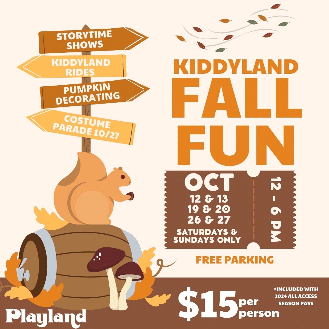 Promotional poster for Kiddyland Fall Fun with event details and cartoon squirrel.